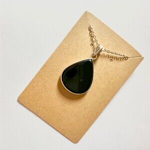 BLACK Onyx Stone Silver Plated Teardrop Pendant Necklace